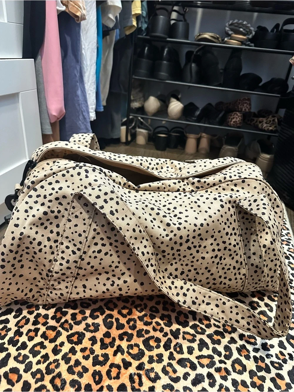 Nike Beige Cheetah-Print Travel Duffel with Black Swoosh